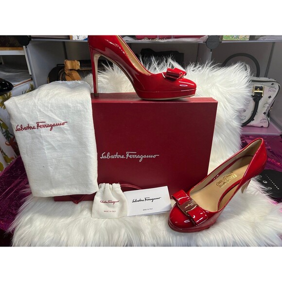 Salvatore Ferragamo Shoes - Salvatore Ferragamo Osimo Vara red patent leather with bow and gold hardware. 6C